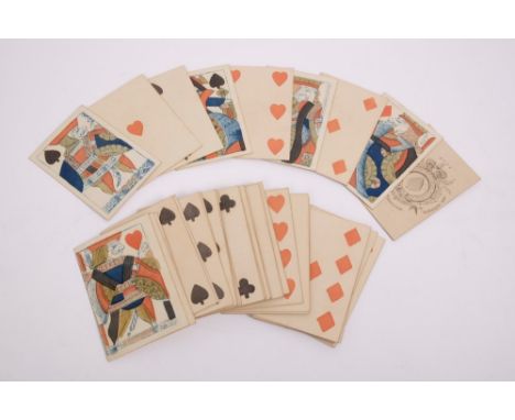 Rare George III full deck of playing cards, the 52 cards with ace of spades card inscribed one shilling and sixpence duty, Jo