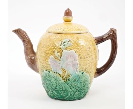 Victorian Majolica teapot and cover with moulded flora and leaf decoration, yellow, brown and green - unmarked, 23cm CONDITIO