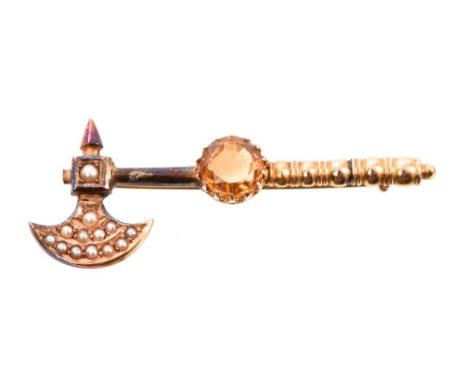 Unusual Victorian gold (15ct) brooch in the form of an axe, with seed pearl blade and orange stone CONDITION REPORT Repair to