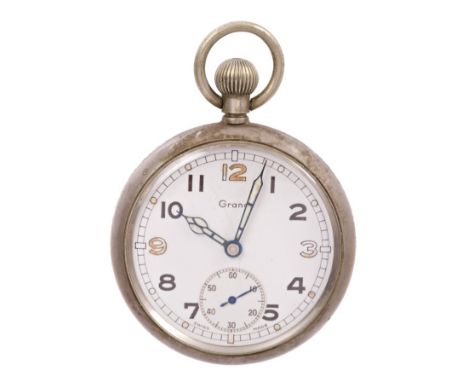 Grana British Military pocket watch, the button-wind movement with circular white enamel dial with subsidiary seconds and lum