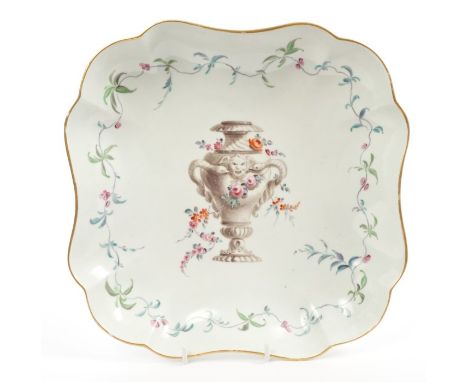 18th century Worcester James Giles decorated shaped square-shaped dish with polychrome painted classical urn and floral borde