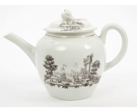 18th century Worcester Hancock printed teapot and cover decorated with the Anchorage and the Haven, circa 1758 - 1760, 20cm w