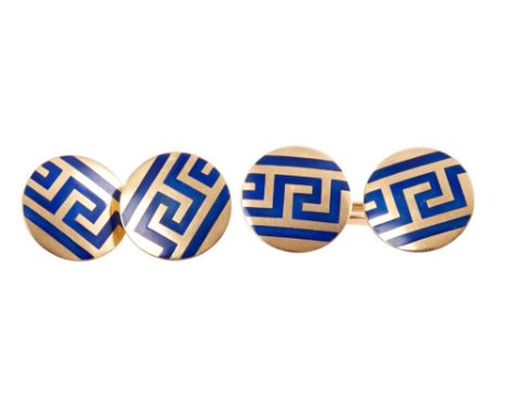 Pair Art Deco Continental gold and blue enamel cufflinks, the circular discs with Greek key design, 15mm diameter, in fitted 