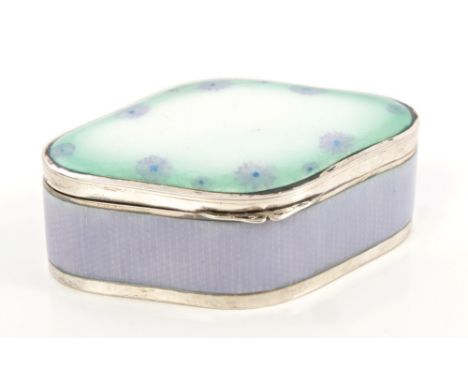 Continental silver and violet guilloche enamel box of diamond form, with silver gilt interior and hinged cover with silver / 