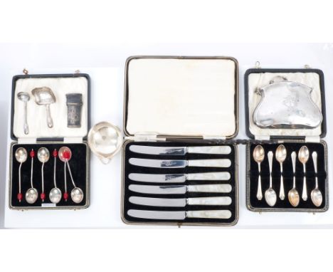 Selection of miscellaneous Georgian and later silver - including caddy spoon, snuff or salt spoon, toddy ladle, pair tortoise