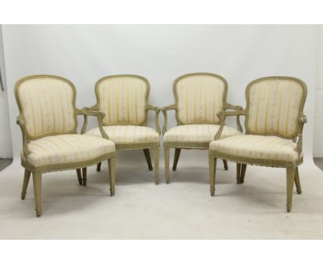 Manner of Thomas Chippendale, set of four 18th century open armchairs with painted beech frames, padded back, scroll arms, th