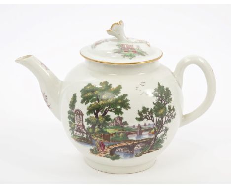 18th century Worcester Hancock printed and painted teapot and cover, circa 1765, decorated with figures on bridges and classi