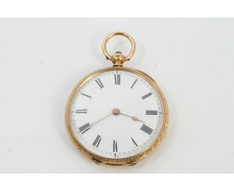 Victorian gold (18ct) fob watch, the key-wind movement with white enamel dial in yellow gold (18ct) case with finely engraved
