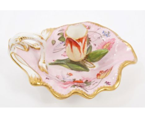 Early 19th century Spode chamber candlestick with tulip sconce and finely painted floral sprays on pink and gilt ground with 