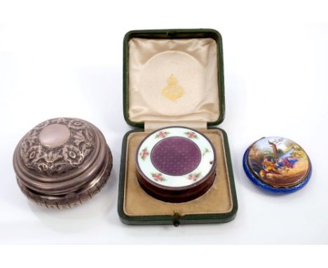 Early 20th century Continental silver gilt and purple guilloche enamel box of circular form, with slip-on-cover, with silver 