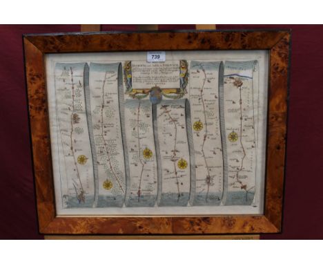 Antique hand-coloured engraved map - The Road from Ipswich to Norwich, by John Ogilby, in glazed frame, 36cm x 47cm