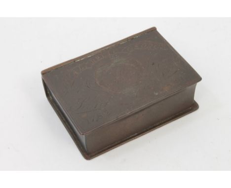 Mid-19th century copper book-form snuff box, engraved - 'Relic of The Royal George sunk 1782, raised 1841', 7cm long.  N.B.  