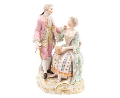 19th century Meissen porcelain figure group depicting a seated lady, holding a face mask and gentleman holding a telescope, o