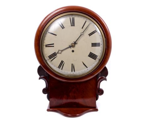 Mid-19th century drop-dial wall clock with fusee movement and anchor escapement, the circular white enamel dial with Roman nu