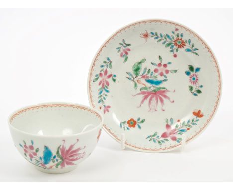 18th century Worcester famille rose-style tea bowl and saucer, circa 1772.  Provenance:  Ex-Sir Anthony Tuke Collection