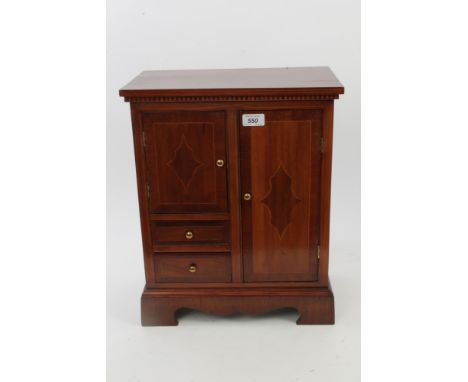 Edwardian mahogany and inlaid apprentice piece miniature wardrobe, with arrangement of two cupboard doors and two drawers, on