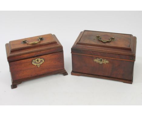 George II / early George III mahogany tea caddy with stepped cover enclosing divisions and secret end drawer, raised on sprea