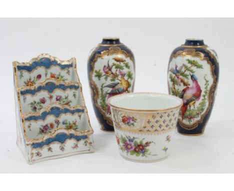 Late 19th / early 20th century Dresden porcelain letter rack with painted floral sprays, 13cm wide, Dresden bough pot and pai