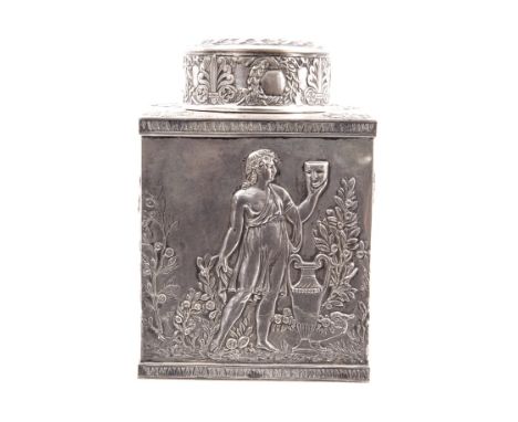 18th century French silver tea caddy of rectangular form, embossed with panels depicting Goddesses from Roman Mythology, pres