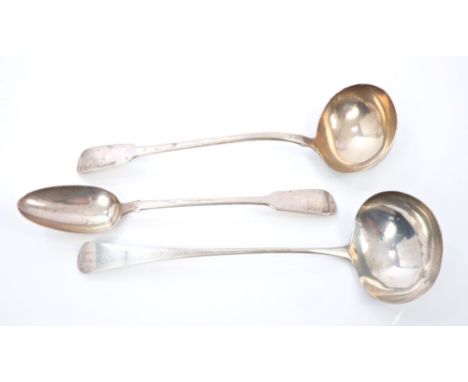 William IV silver basting fiddle pattern spoon with engraved initials and a matching soup ladle (London 1836 / 1837), maker -