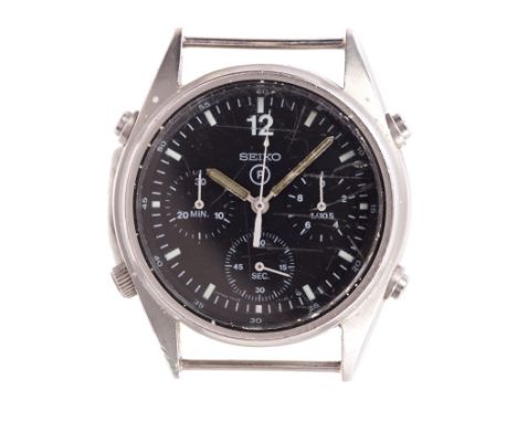 Gentlemen's British Military Seiko Chronograph Pilots wristwatch, circa 1990, the black dial with applied promethium (p) lumi