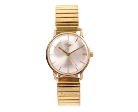 1970s gentlemen's Longines gold wristwatch, the circular dial with satin finish, centre sweep seconds and applied baton hour 