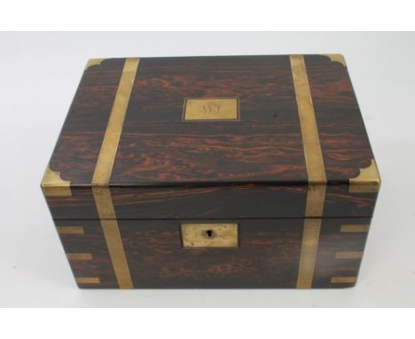 Mid-19th century coromandel and brass bound writing slope, the hinged top centred by square inset panel engraved with initial