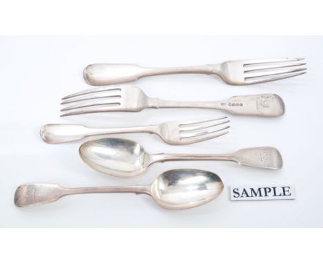 Selection of Georgian and later silver fiddle pattern flatware with engraved lion crest - including twelve Victorian provinci