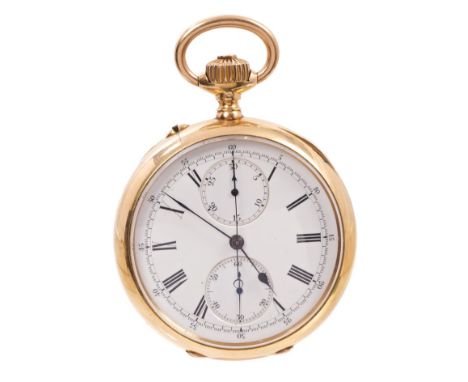 Early 20th century Swiss gold (18ct) Chronograph pocket watch with button-wind movement, the circular white enamel dial with 