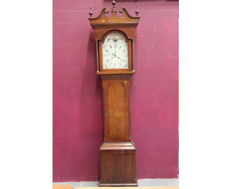 19th century longcase clock with eight day movement striking on a bell, 13 inch breakarch dial with floral spandrels, the bre