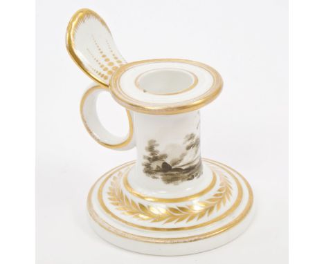 Early 19th century Spode chamber candlestick with grisaille painted windmill in landscape scene and gilt wreath to base, circ