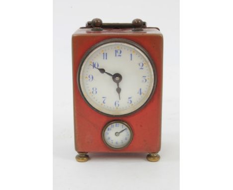 Late 19th century miniature travelling alarm clock with white enamel dial with blue Arabic numerals and gilt spot 5 minute di
