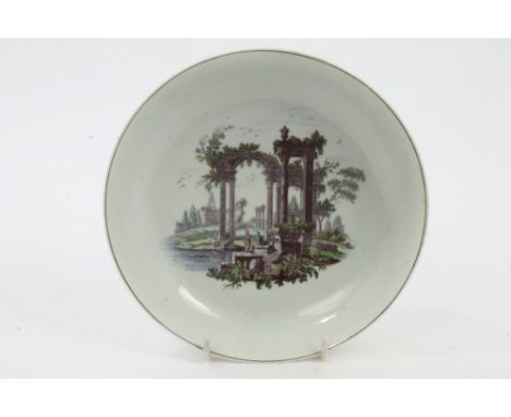 18th century Worcester Hancock printed and painted saucer dish decorated with classical ruins
