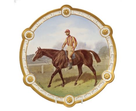 Unusual Victorian Davenport plate printed and painted with a portrait of a racehorse and jockey within gilt borders, signed -