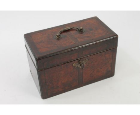 Good George II burr yew wood and walnut crossbanded tea caddy of oblong stepped moulded form, with surmounting carrying handl