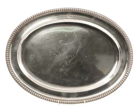 Fine quality Victorian silver meat dish of oval form, with large bead border and engraved crest, underside stamped - 6976 Hun