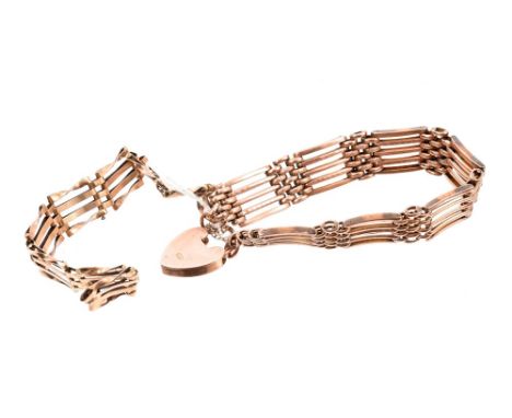 Edwardian rose gold / yellow metal gate bracelet with padlock clasp and a gold (9ct) gate bracelet (2) CONDITION REPORT Rose 