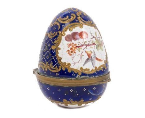 18th century Staffordshire enamel bonbonniere in the form of an egg, with hinged cover, all-over decorated with bird and frui