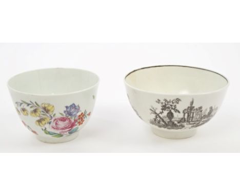 18th century Worcester bowl, polychrome painted with a butterfly and flowers, circa 1760 and a Worcester Hancock printed bowl