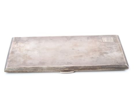 1930s silver 'inside pocket' cigarette case with engine-turned decoration and engraved cartouche, the interior engraved with 