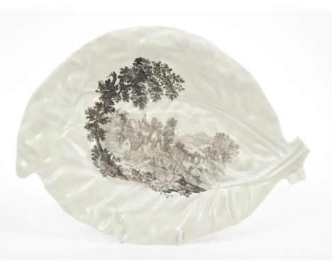 18th century Worcester Hancock printed leaf-shaped dish decorated with landscape, figures and house, circa 1758, 26cm.  Prove
