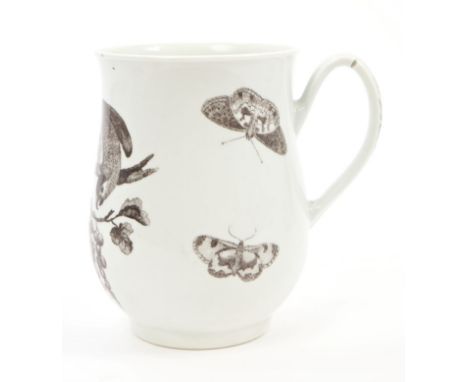 Rare 18th century Worcester Hancock printed 'parrot pecking fruit' pattern mug, circa 1760, of bulbous waisted form, with loo