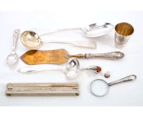 Collection of Danish silver - including beaker, stamped - Paulsen and four spoons, together with an enamel thimble, gold-colo