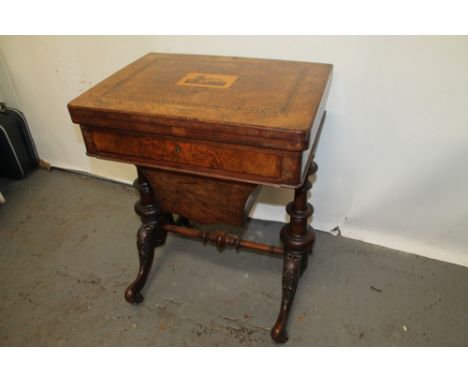 Mid-Victorian burr walnut and Tunbridge Ware inlaid games / work table, top centred by rectangular marquetry depiction of a c