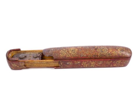 Antique Persian papier mâché scribes pen box of typical form, gilt decorated with birds and flowers, enclosing trough with in