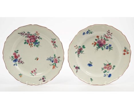 Pair 18th century Worcester Giles polychrome painted plates decorated with floral sprigs and sprays with fluted brown line bo