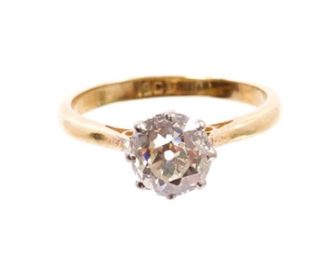 Diamond single stone ring with a cushion-shape old cut diamond estimated to weigh approximately 1.25 carats, in eight claw se