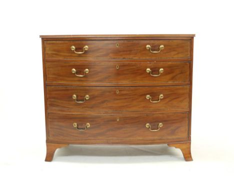 Regency mahogany and boxwood line-inlaid bow front chest with moulded top and four long graduated drawers, on splayed bracket