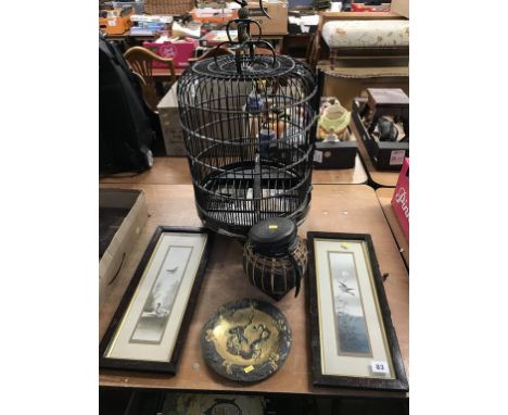 A bird cage and tea caddy etc.