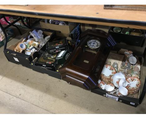 Three trays of assorted and a wall clock